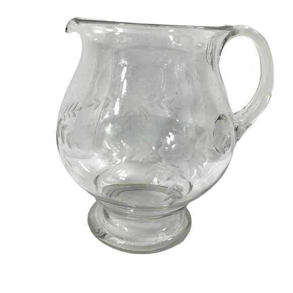Vintage Etched Floral Pitcher‎ Clear Depression Glass 8" Tall - Picture 3 of 7